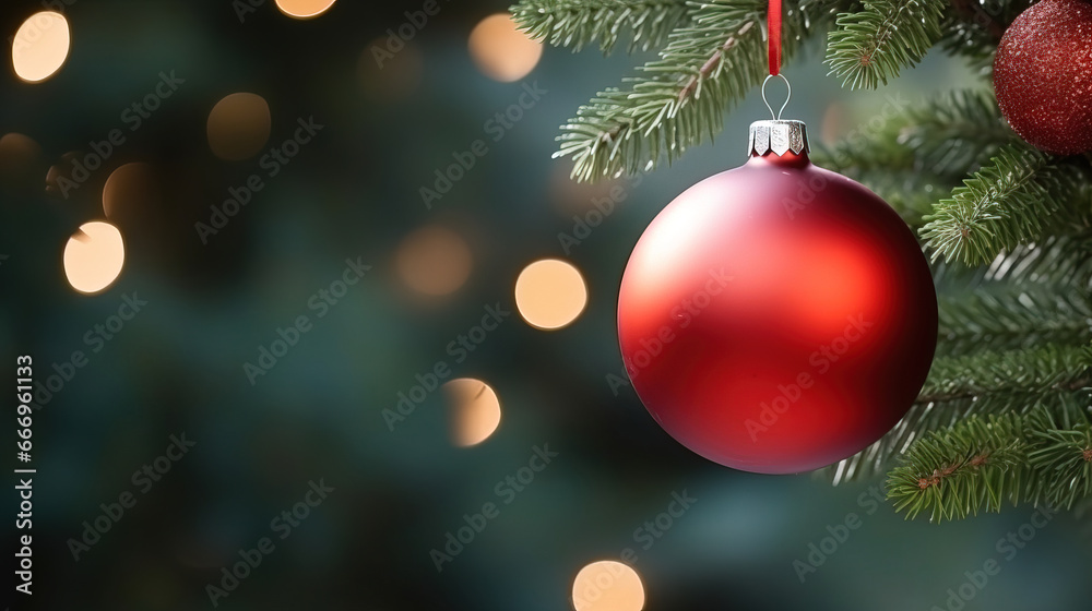 Christmas balls hanging on the Christmas tree, with fir branches and lights in the background, with empty copy space