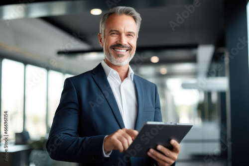 portrait of professional businessman standing in office. Happy middle aged businessman ceo wearing suit standing in office using digital tablet.