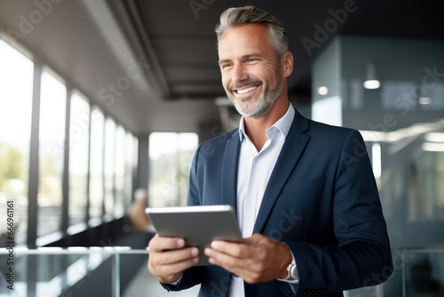 portrait of professional businessman standing in office. Happy middle aged businessman ceo wearing suit standing in office using digital tablet. photo