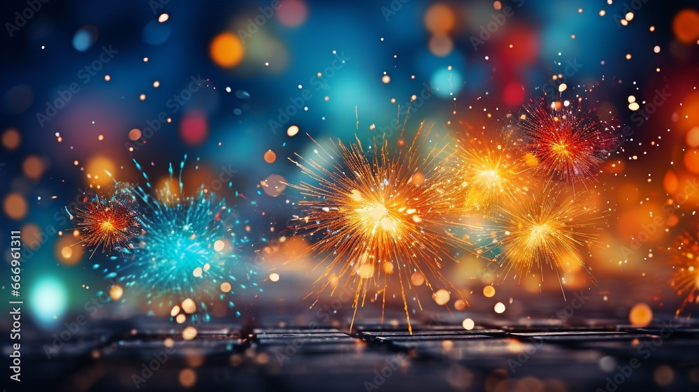 Fototapeta premium Cheers to 2024! - Firework silvester Close-up of vibrant fireworks pyrotechnics in the night for New Year's Eve Party festival celebration holiday background banner greeting card..