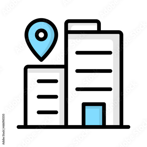 "Modern Office Building Icon with Location Pin - Vector Illustration of Business Headquarters with Blue Accents for Navigation and Real Estate Apps - High-Quality Stock Image