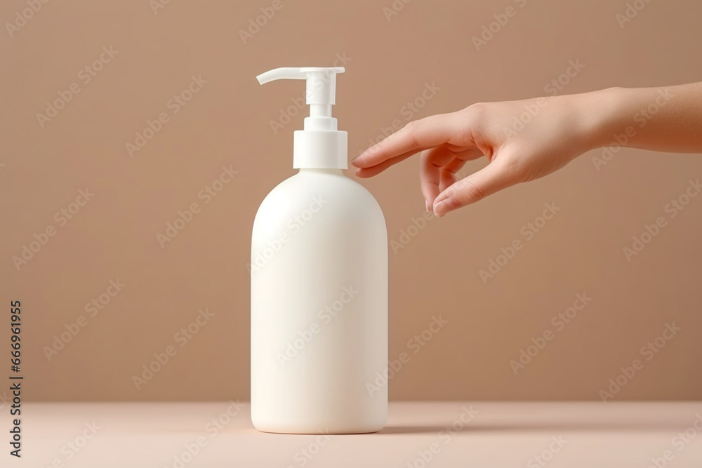 Female hand model take the white foam mousse from unbranded pump bottle in white color, Branding cleanser mockup over beige background, aesthetic look Female hand model take the white foam mousse from unbranded pump bottle in white color, Branding cleanser mockup over beige background, aesthetic look
