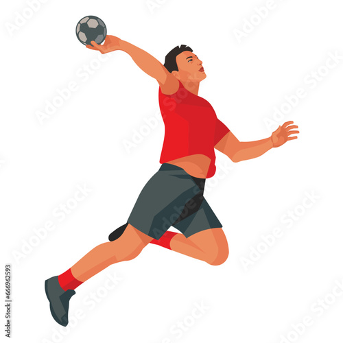 Figure of Asian high-jumping professional handball player in red sports uniforms who flies in a jump and throws the ball at the championship