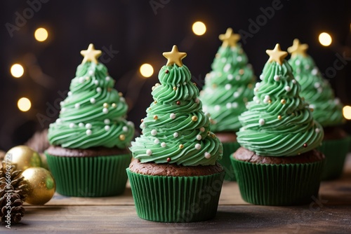 dessert cake in the shape of a New Year's Christmas tree with green cream