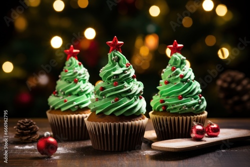 dessert cake in the shape of a New Year's Christmas tree with green cream