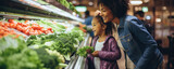 Young woman on the market near vegetable shelves.  wide banner