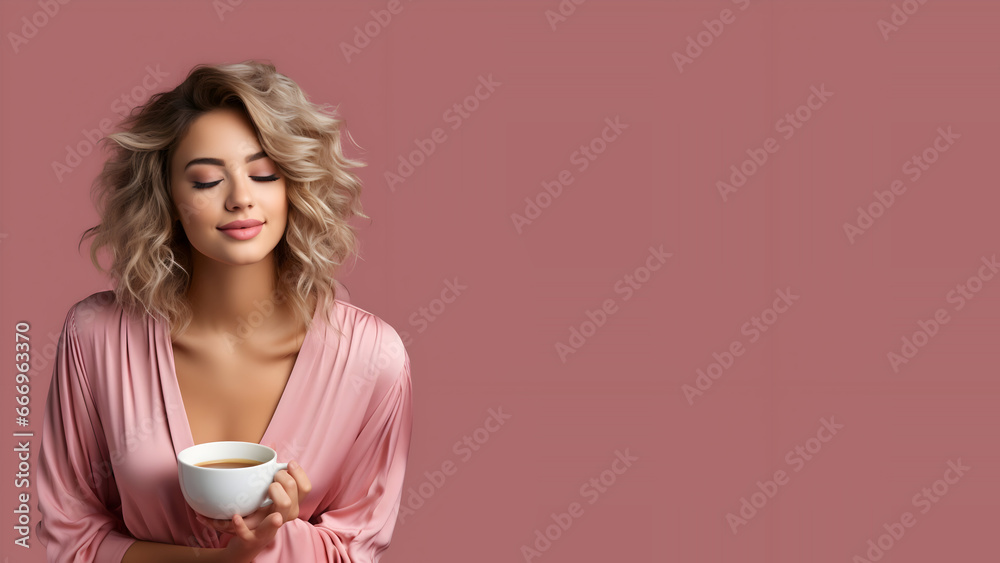 woman with cup of coffee, Blissful Woman Sips Coffee - Upper Body Portrait with Copyspace on Pastel Background, bannr type model portrait with copyspace woman with cup of coffee, Blissful Woman Sips Coffee - Upper Body Portrait with Copyspace on Pastel Background, bannr type model portrait with copyspace