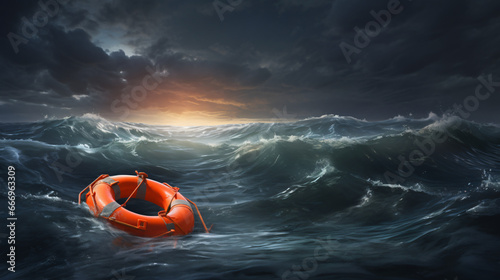 Orange life belt floating in the stormy ocean