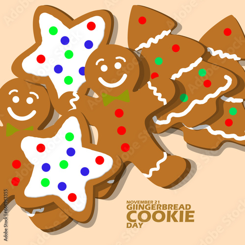 Gingerbread Cookies in the shape of people, Christmas trees and stars, with bold text on light brown background to celebrate National Gingerbread Cookie Day on November 21