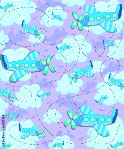 Seamless background pattern of evenly spaced plane symbols of different sizes and opacity. Airplane line path poster art. Vector illustration of airplane flight route with line trace.