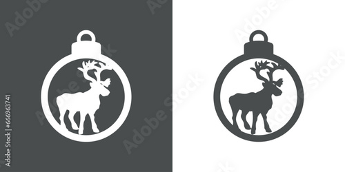 Tiempo de Navidad. Logo con silueta de bola de navidad con ciervo o reno Rudolph de pie para su uso en invitaciones y felicitaciones
