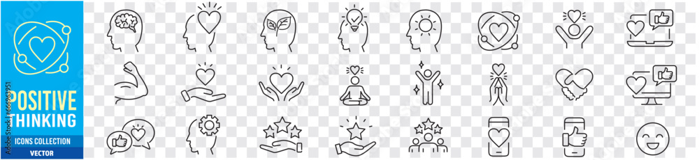 Positive thinking Psychology Friendship Partnership Peace Charity editable stroke line icons collection vector Positive thinking Psychology Friendship Partnership Peace Charity editable stroke line icons collection vector