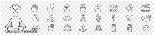 Positive thinking Psychology Friendship Partnership Peace Charity editable stroke line icons collection vector