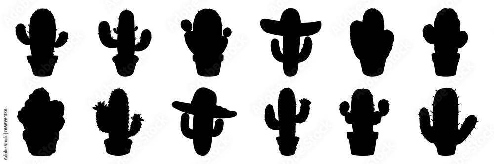 Cactus desert silhouettes set, large pack of vector silhouette design, isolated white background