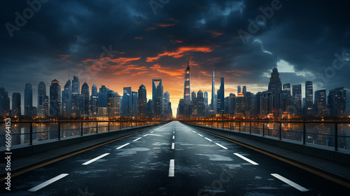 Asphalt road with city skyline.