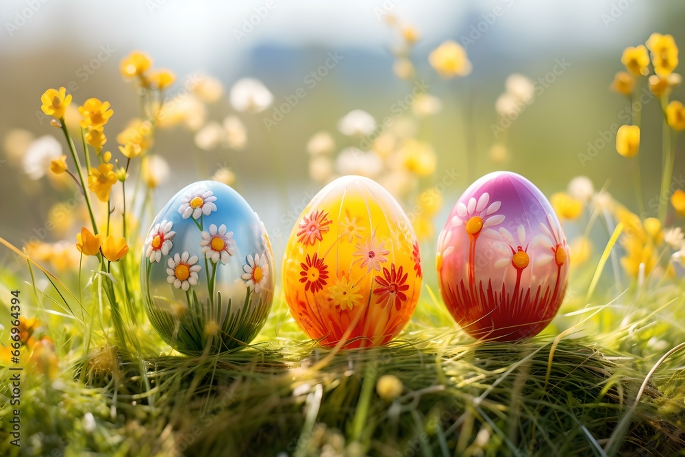 Bunte Ostereier auf Wiese im Sonnenschein: Fröhliches Osterfest