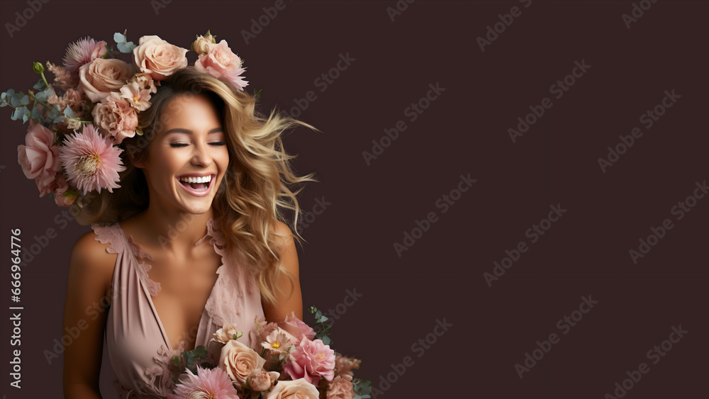 portrait of a woman with flowers, Elegant Woman with Floral Crown Transitions from Serenity to Laughter - Upper Body Portrait with Copyspace on Pastel Background, Model photography