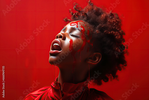upset screaming crying black baby girl with splashes of red paint on her face on an isolated background. The concept of pain