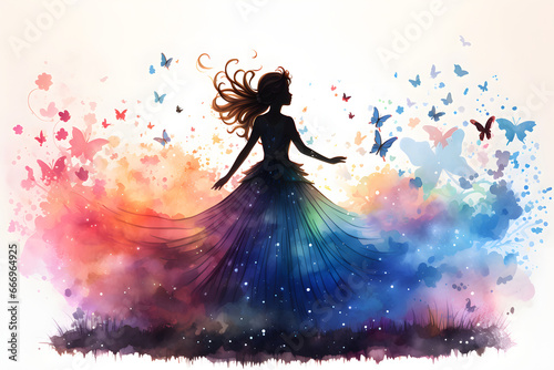 Silhouette of a girl with butterflies on a white background