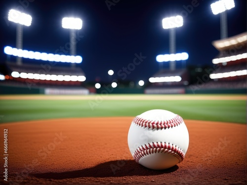 baseball ball on green grass field, illuminated night stadium in background