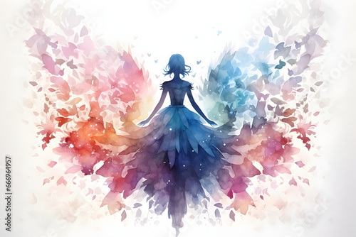 Silhouette of a girl with butterflies on a white background