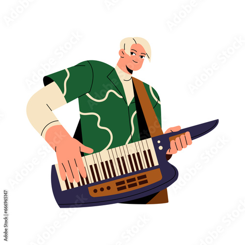 Musician performer play on retro music instrument: guitar on belt with keyboard. Member of rock group 80s hold keytar on shoulder. Keyboardist performance. Flat isolated vector illustration on white