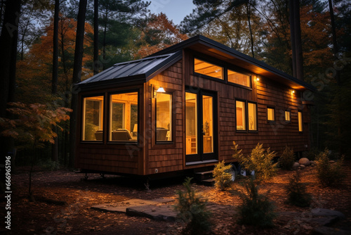Exterior Of Wooden Tiny House With Forest Background, aesthetic look