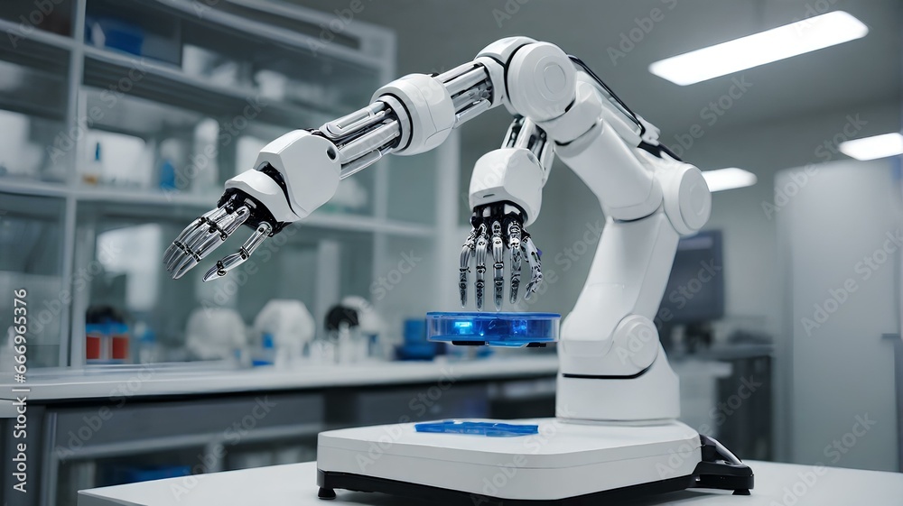 医学の研究と製薬。研究室のロボット アーム｜Medical research and pharmaceuticals. Laboratory robotic arm. Generative AI