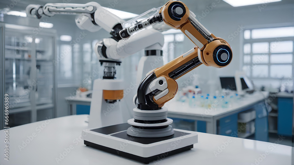医学の研究と製薬。研究室のロボット アーム｜Medical research and pharmaceuticals. Laboratory robotic arm. Generative AI