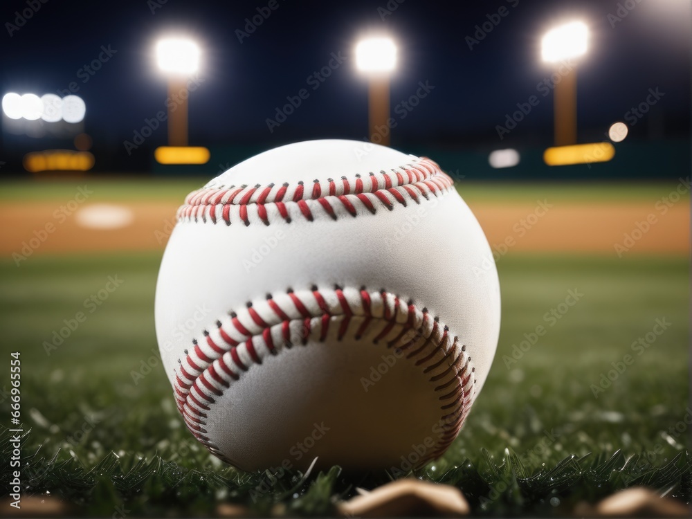 baseball ball on green grass field, illuminated night stadium in background