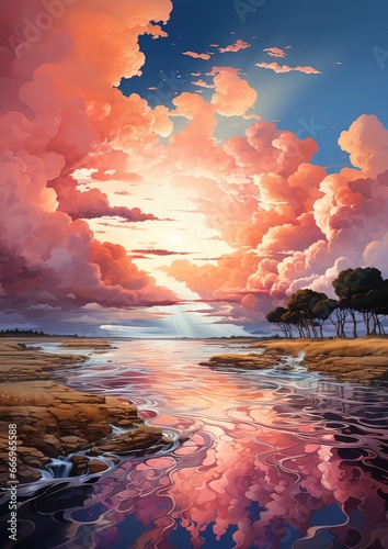 AI spettacolare tramonto con nuvole rosa 01