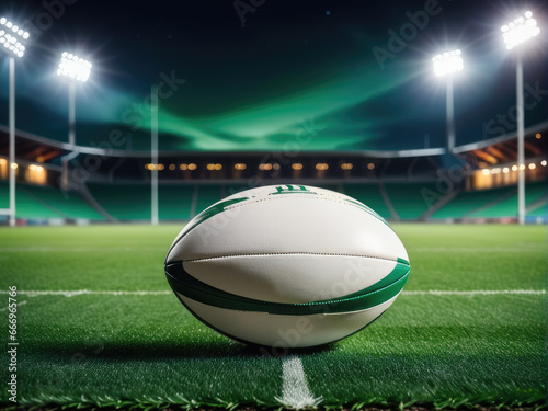 rugby ball on green grass field, illuminated night stadium in background