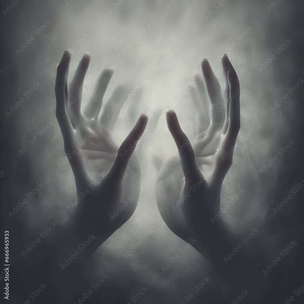 Ghostly hands reaching out from darkness, halloween