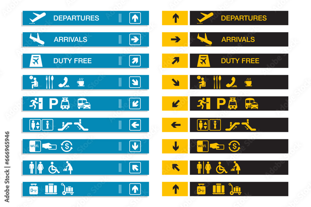Obraz premium Airport sign departure arrival travel icon. Airport navigation design signboard set. Airport board airline sign, departures, arrivals, check in, baggage information. Eps10 vector illustration.