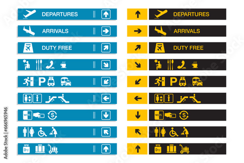Airport sign departure arrival travel icon. Airport navigation design signboard set. Airport board airline sign, departures, arrivals, check in, baggage information. Eps10 vector illustration.