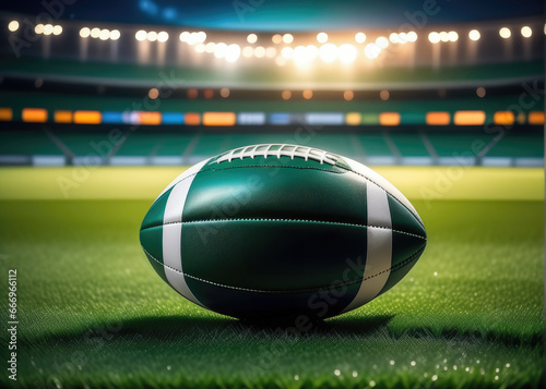 rugby ball on green grass field, illuminated night stadium in background