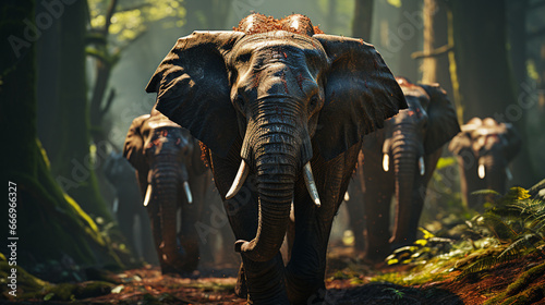 Elephants walking in forest.