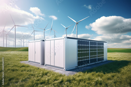 Energy Storage System With Hydrogen Storage Compartment, Wind Turbines, Solar Panels And Li-ion Battery Container, aesthetic look