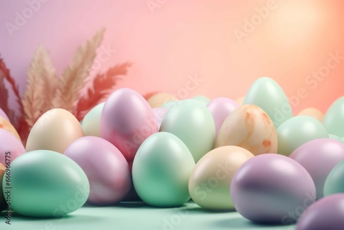 Colorful Easter decoration banner. Spring festive holiday composition with pastel colored eggs. Generate ai