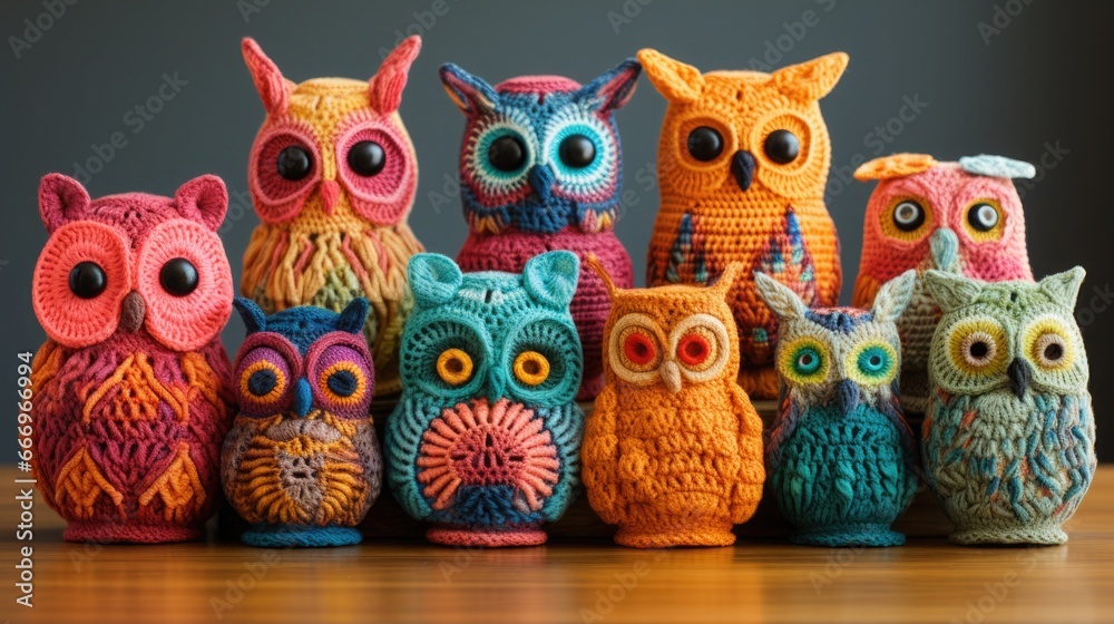 National Crochet Month concept. Children's cute toys-crafts forest animals crocheted with threads.