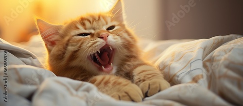 Ginger cat with funny face lies on bed settling to sleep or play in cozy home