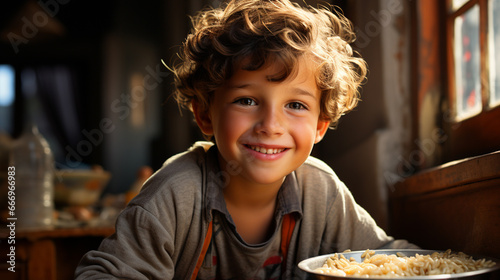 Happy boy eating porridge.
