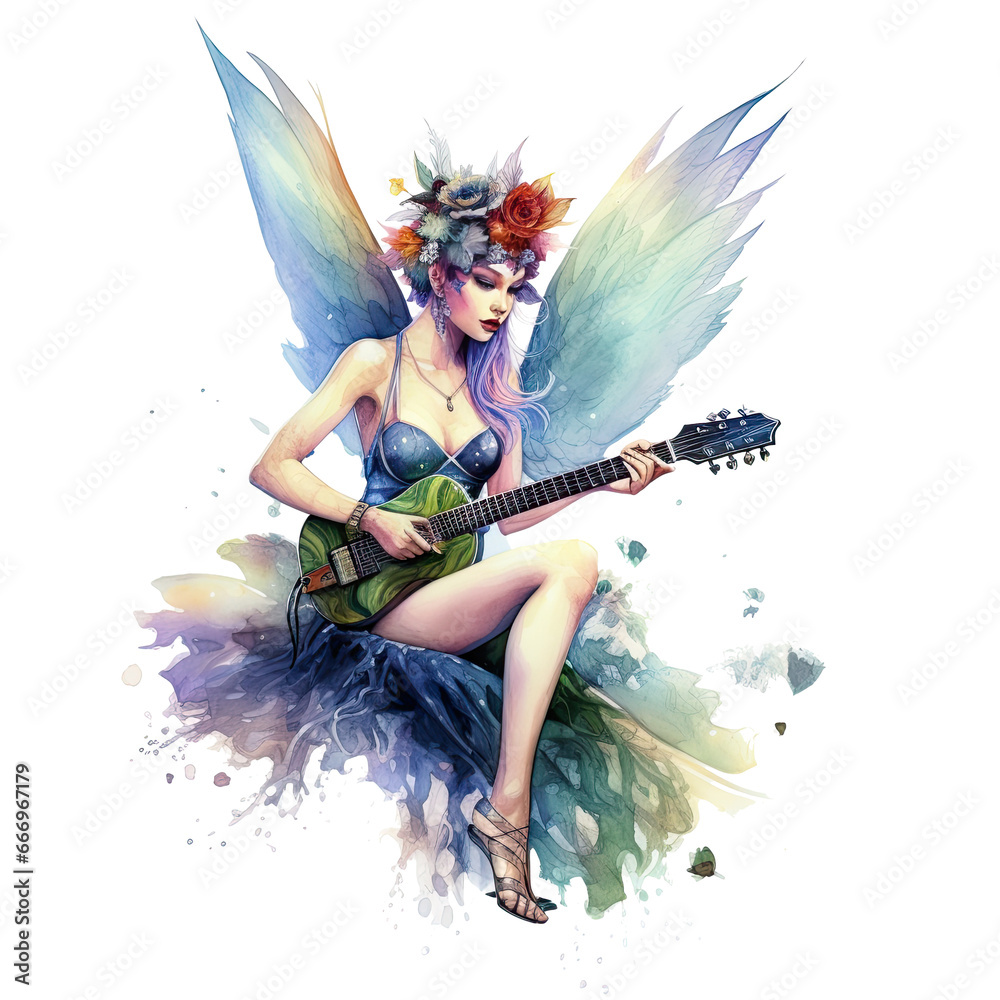 Fairy with guitar amidst butterflies, colorful artistic illustration on transparent background. Fairy with guitar amidst butterflies, colorful artistic illustration on transparent background.