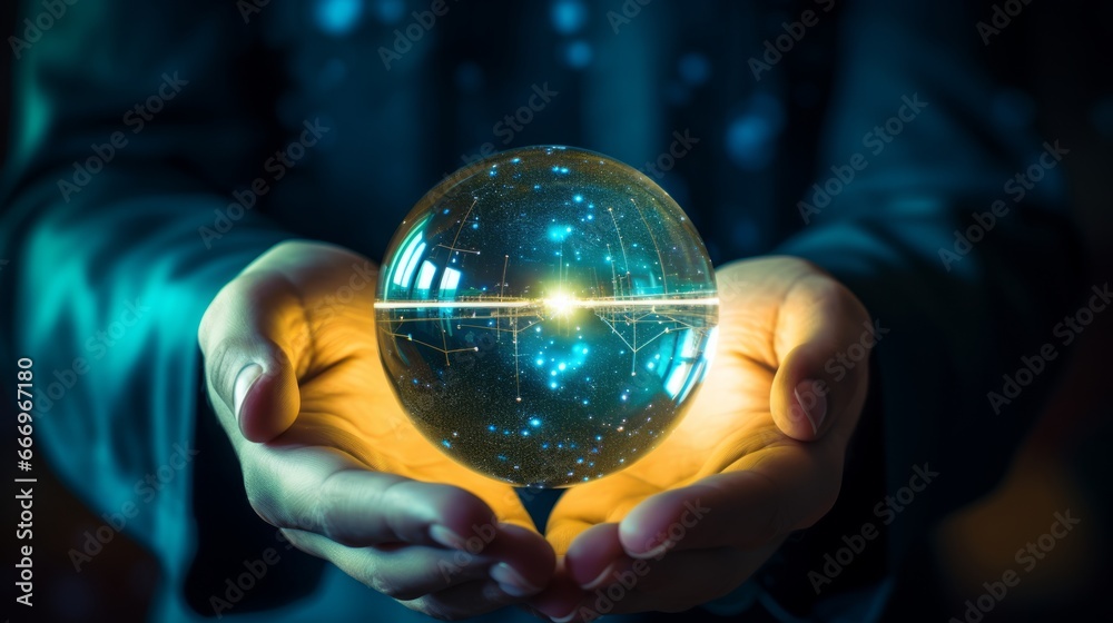 Fototapeta premium A close-up of a person's hand holding a crystal ball, symbolizing financial foresight