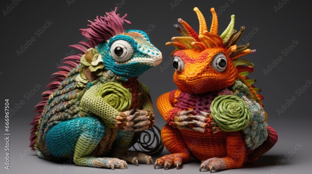 National Crochet Month concept. Children's cute toys-crafts forest animals crocheted with threads.