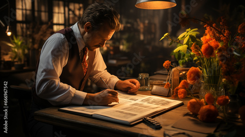 Man working in document on the table.