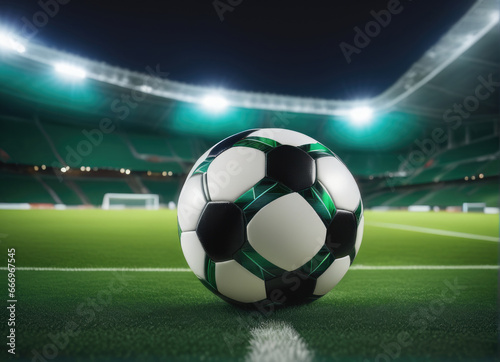 Soccer ball on green grass field  illuminated night stadium in background