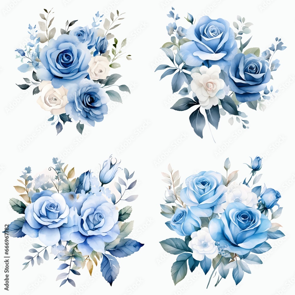 Blue roses collection on white background. 