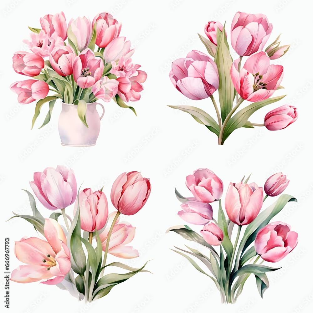 Pink tulips collection on white background. 
