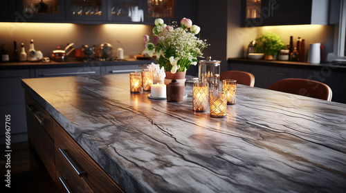 Marble counter tabletop in kitchen.